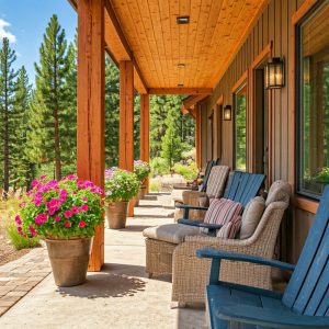Featured image showing a bright, inviting Truckee home, featuring comfortable seating, vibrant potted flowers, and modern lighting. The background includes lush pine trees and clear blue skies.