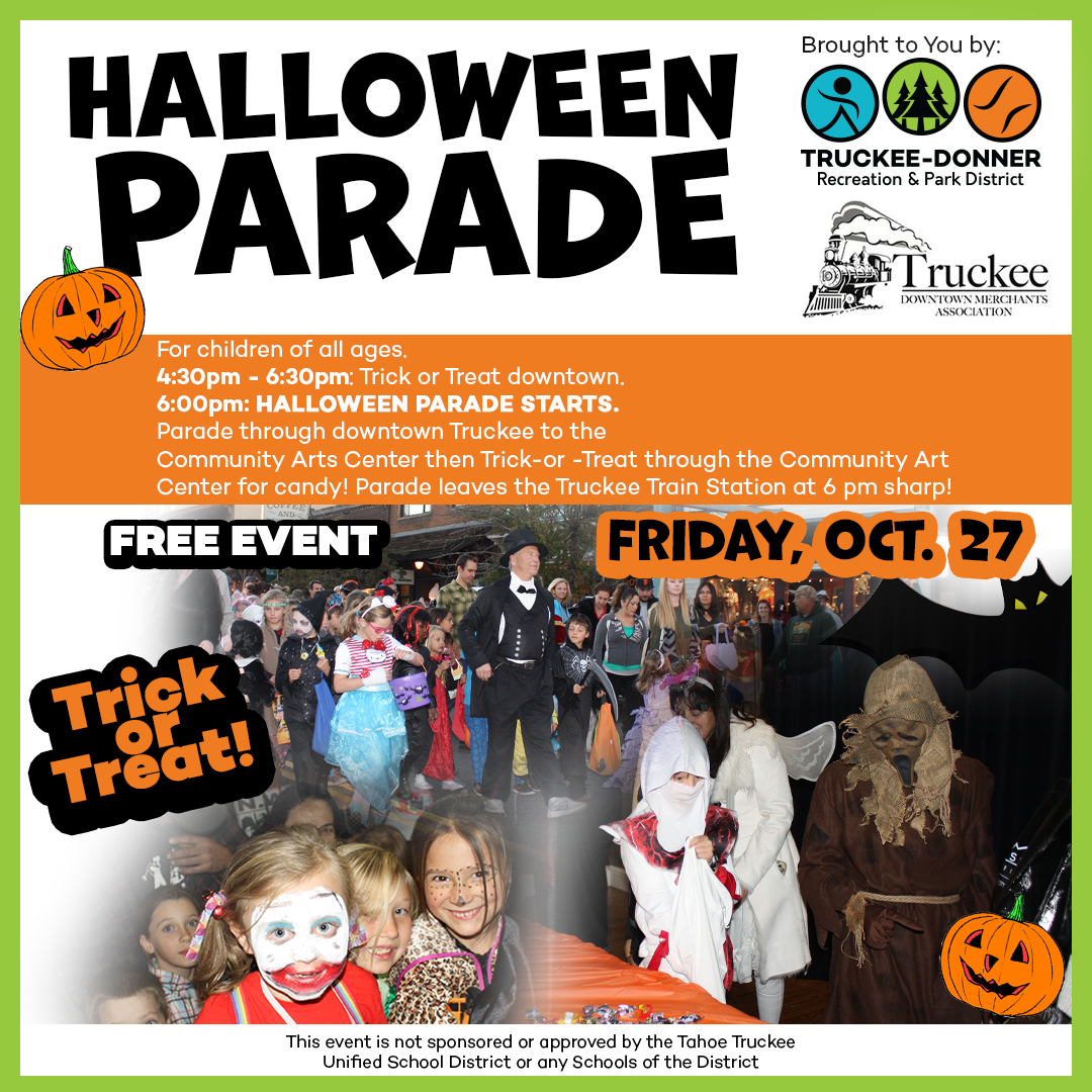 Inline image showing Truckee's annual Halloween Parade flyer, happening October 27th, 2023