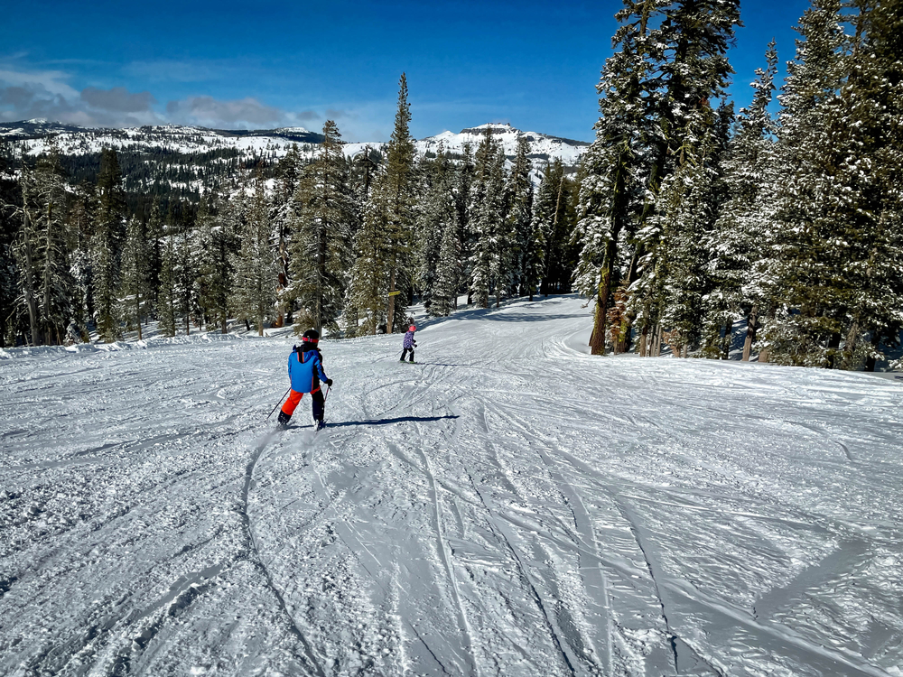 Featured image showing a skier on a clear day Skiing Sugar Bowl in Tahoe California