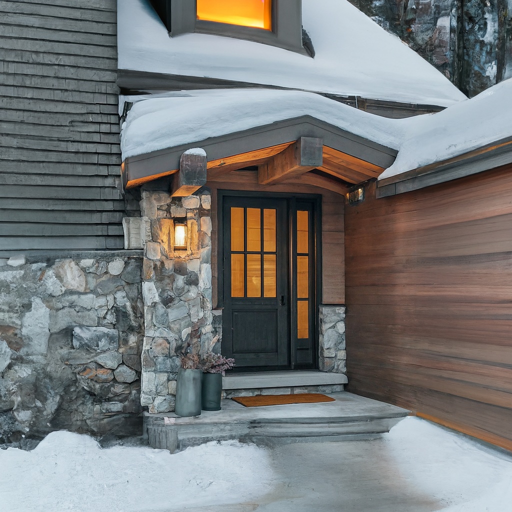 Featured image of a mountain home with curb appeal in the winter. Modern home shows shoveled walkways, exterior lights and winter potted plants.