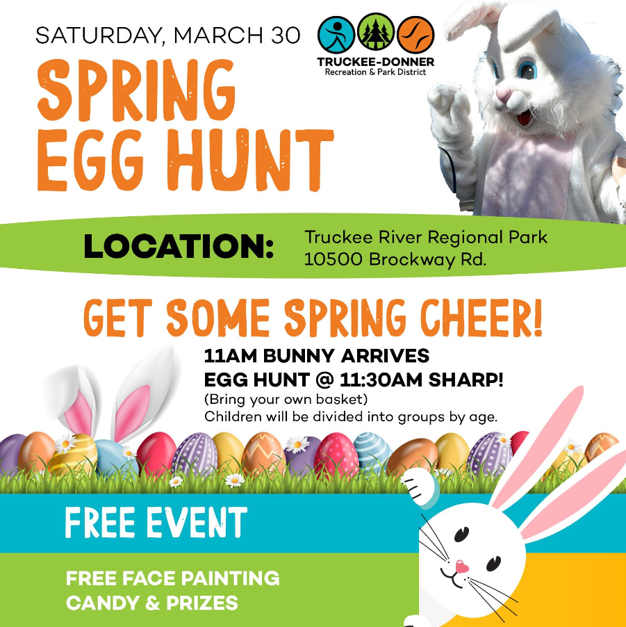 Inline image showing the annual easter egg hunt flyer for the Truckee Donner Recreation & Park District happening 2024