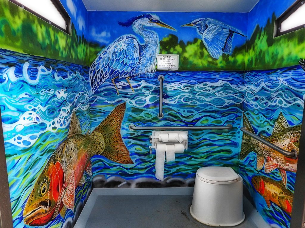 photo by bruce hallman, Idaho Falls District BLM Feature image showing the murals painted by local artists in Idaho Falls District BLM. A colorful depiction of the Salmon River with salmon and birds