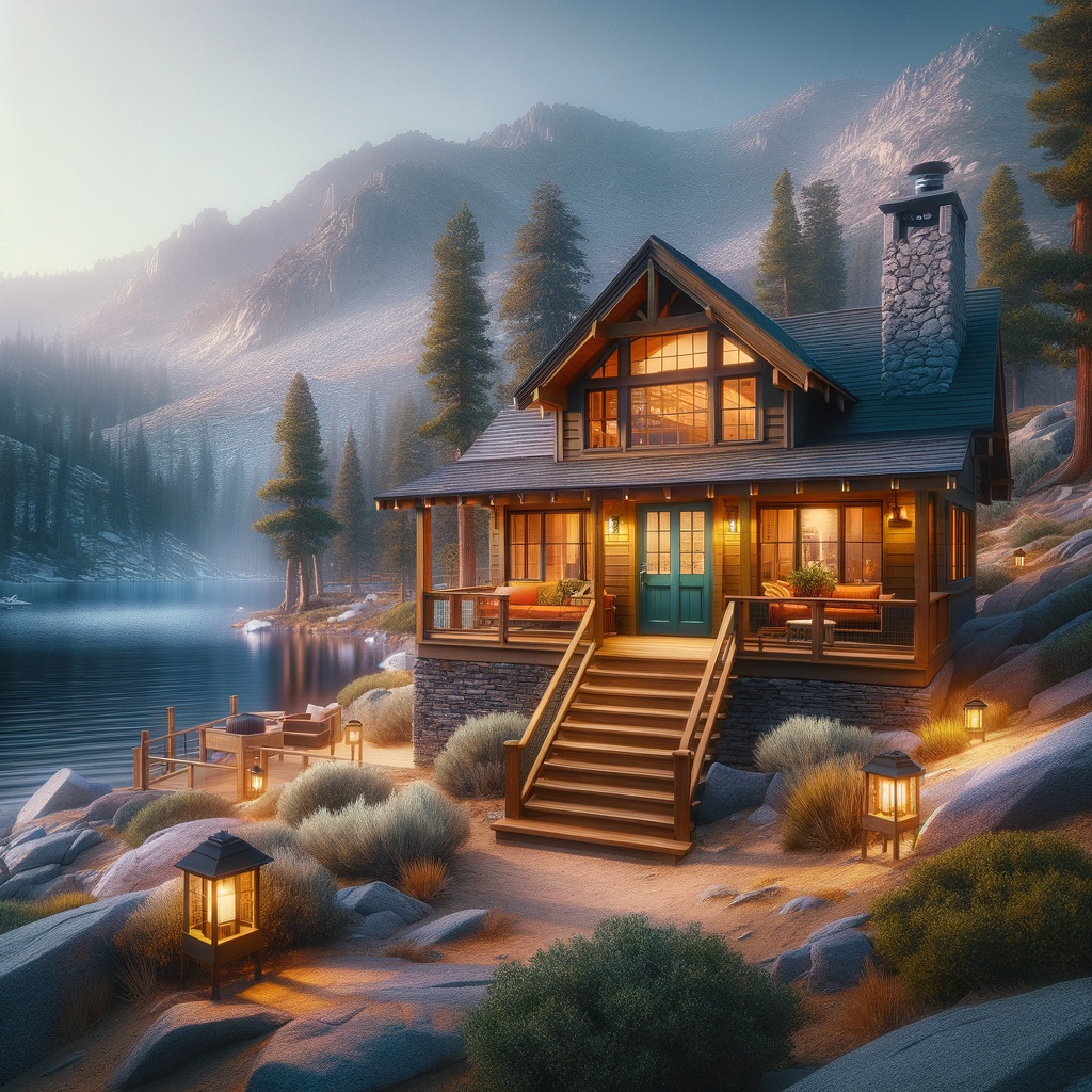 Outdoor,Photo,Of,Create,A,Realistic,Scene,Showing,The,Front Featured image showing AI generated photo of the front exterior of a mountain home in early spring with natural landscape, outdoor lights, and a bold colored door.