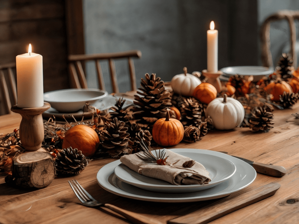 Mountain Home Thanksgiving Featured image showing a mountain themed Thanksgiving table with pinecones and pumpkins and wooden candlesticks