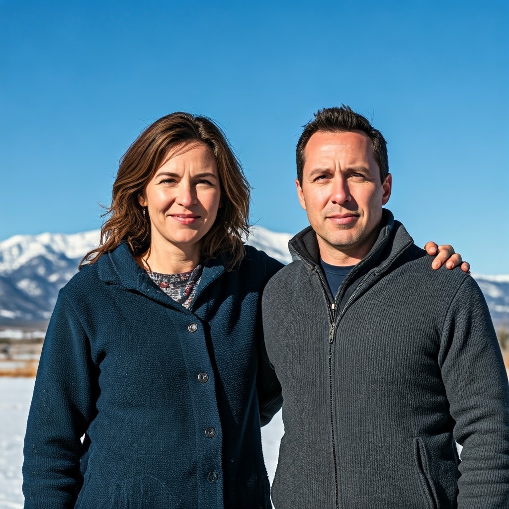 Couple in Truckee Featured image showing a couple standing in front of the Sierra Nevada Mountains in the winter