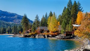 Fall color and home on the shoreline at Donner Lake