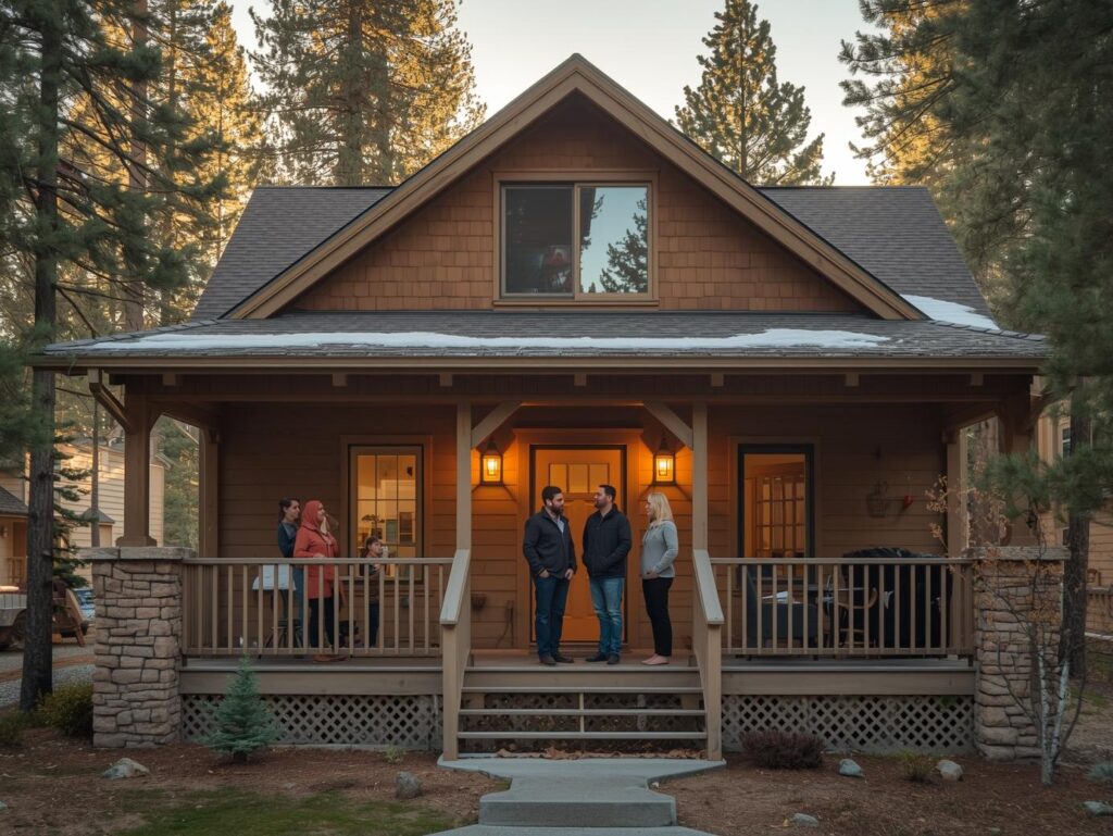 A warm, inviting Tahoe-Truckee mountain home at sunrise, nestled among pine trees, with a light dusting of snow on the roof. Two smiling local real estate agents stand on the front porch with a family, sharing a moment of friendly conversation.
