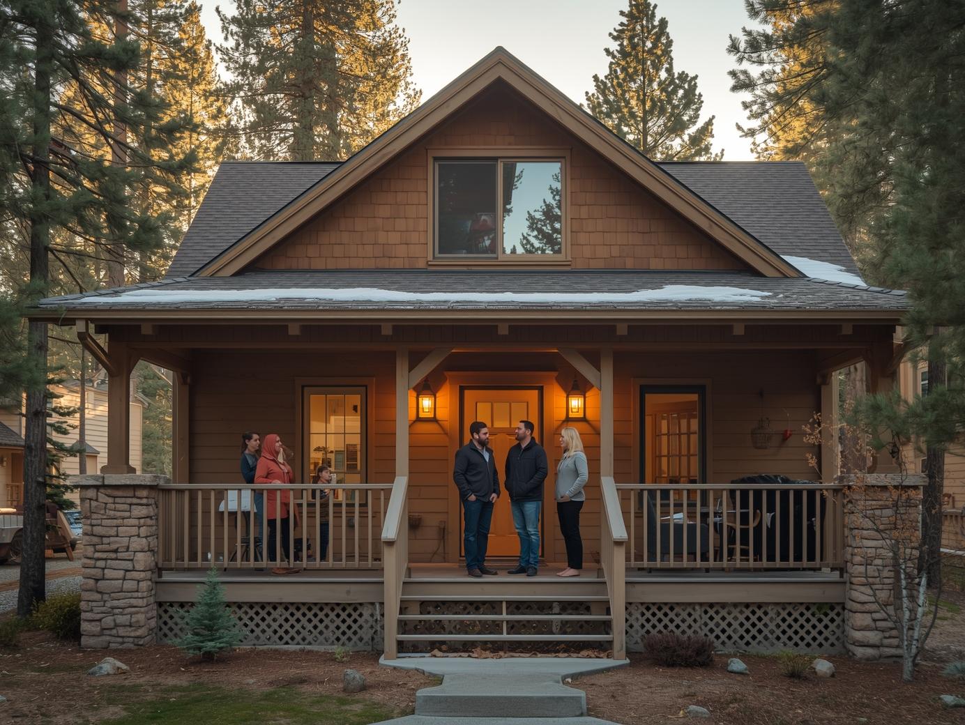A warm, inviting Tahoe-Truckee mountain home at sunrise, nestled among pine trees, with a light dusting of snow on the roof. Two smiling local real estate agents stand on the front porch with a family, sharing a moment of friendly conversation.