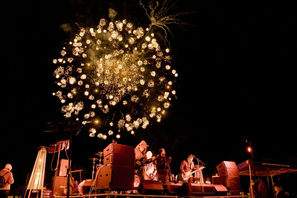 Fireworks-60 Winter fireworks light up the sky above a live outdoor concert during North Lake Tahoe Snowfest in Truckee Tahoe.