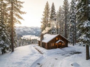 Donner Lake cabin in winter with snowbanks and a cleared path