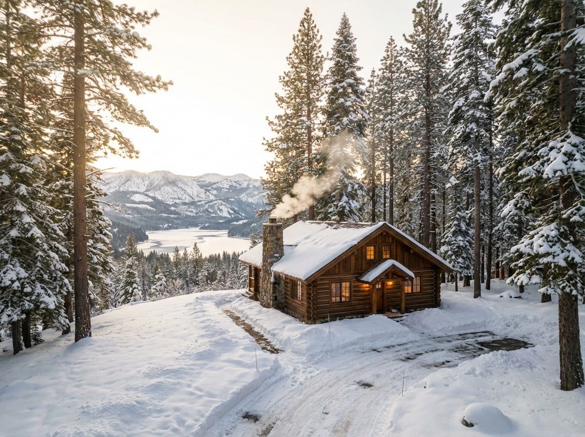 Donner Lake cabin in winter with snowbanks and a cleared path