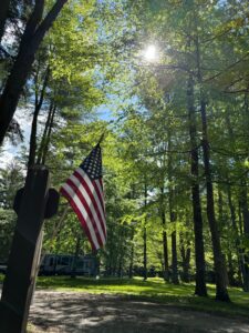 american flag in the forest with sun shining through the tall trees